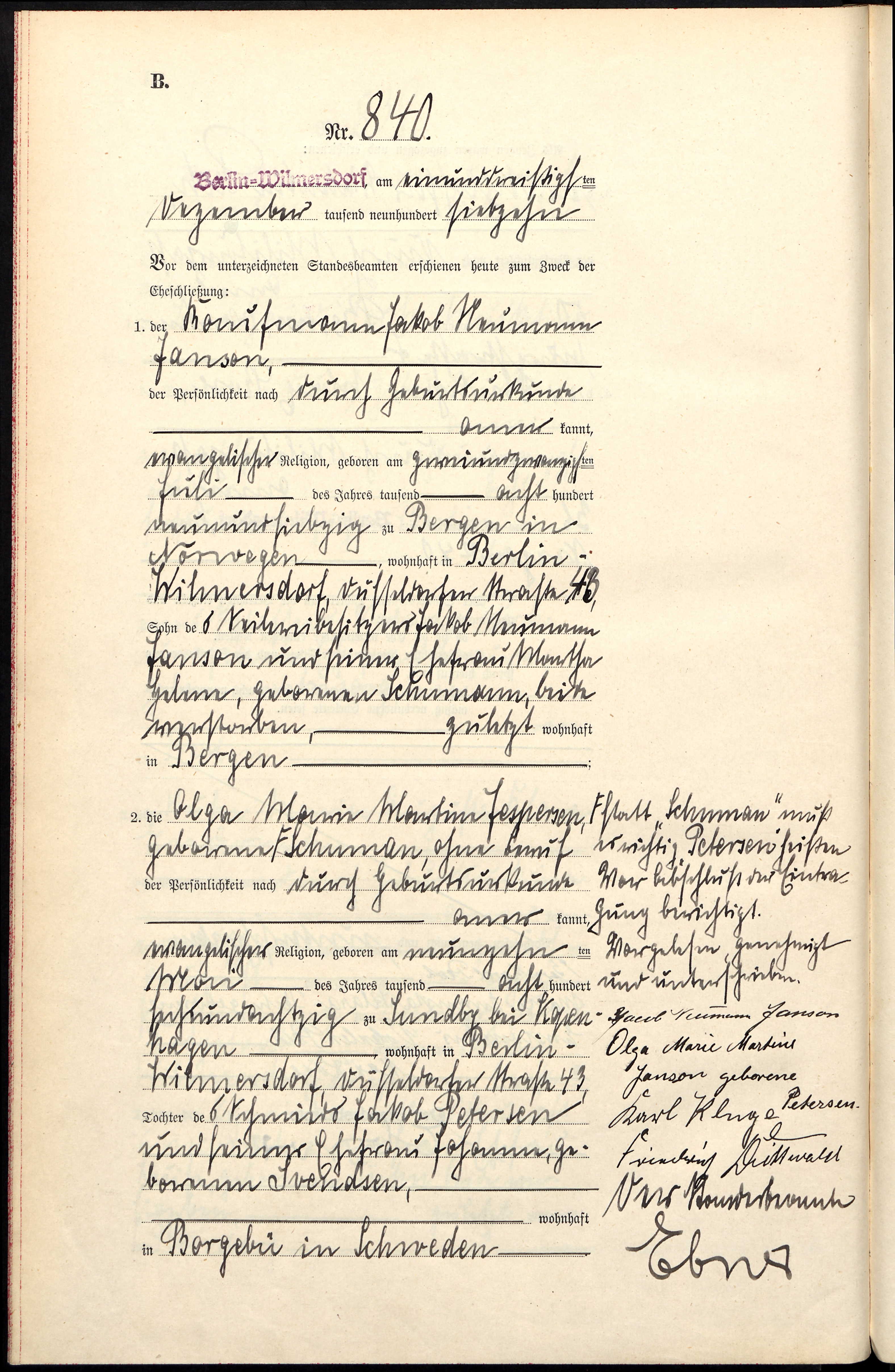 Vielse Jacob Neumann Janson og Olga Marie Martine Petersen